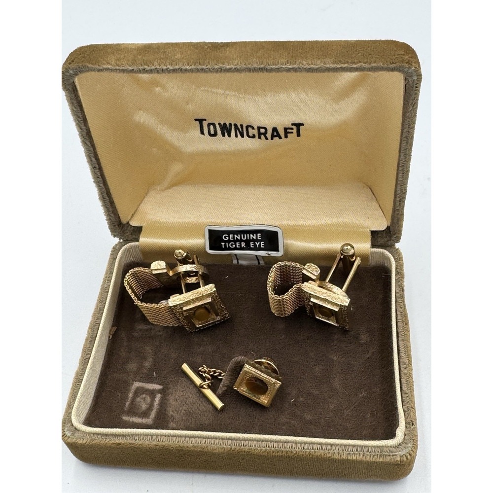 Vintage Dante‎ Tiger Eye Cufflinks & Tie Chain Set Gold Tone Mesh Wrap